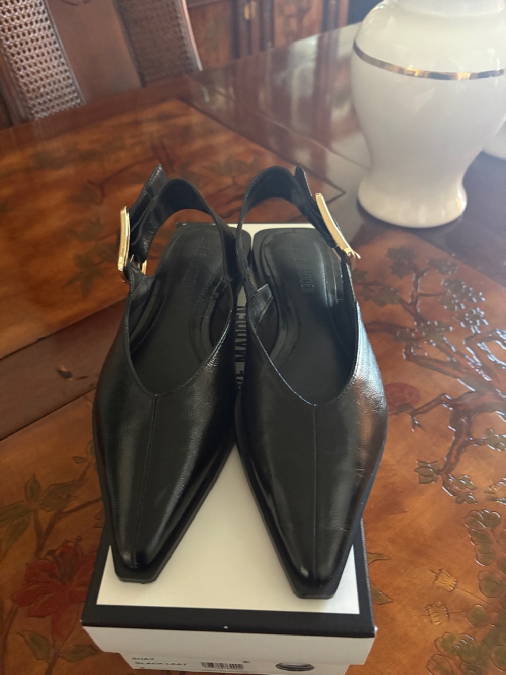 Steve Madden Black Pointed Slingback Flats with Gold Buckle